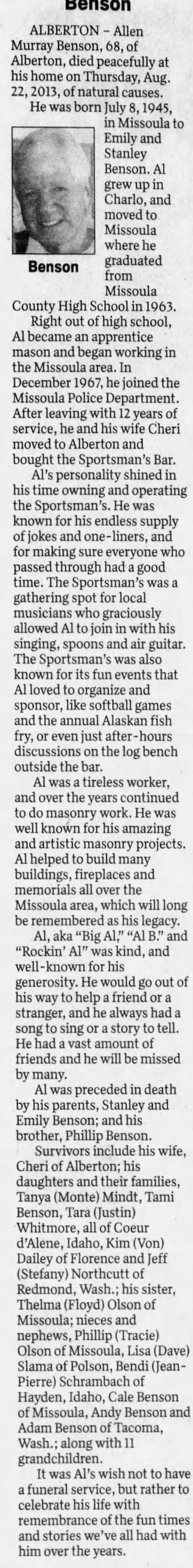 Obituary for Allen Murray Benson, 1945-2013 (Aged 68)
